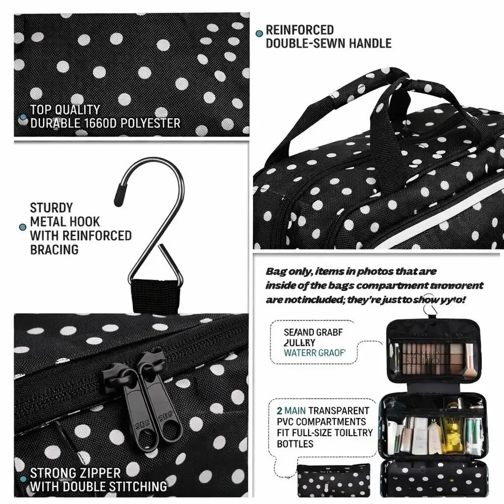 Bang & Carsen Hanging Toiletry Bag Black White Polka Dot Travel Organizer Case